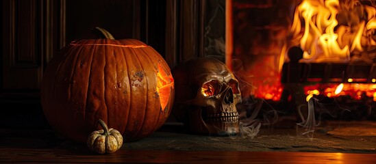 Poster - A spooky Halloween setting with a pumpkin and skull positioned beside a flickering fireplace creating a perfect copy space image