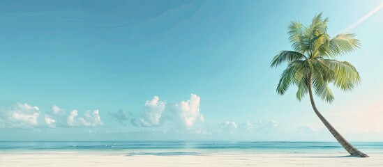 Poster - Tropical beach setting with a coconut tree and a spacious copy space image evoking ideas of vacation tourism and exotic resort