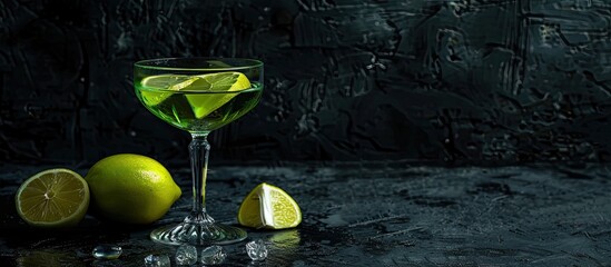 Aufkleber - A green lemon placed with a cocktail glass on a dark backdrop creating a stylish copy space image
