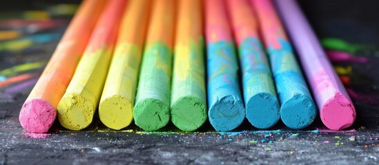 Aufkleber - Vibrant rainbow colored chalk sticks displayed in a close up copy space image suitable for preschool art education LGBTQ pride or simply celebrating life
