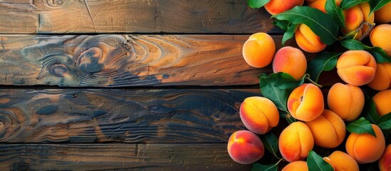 Poster - Fresh apricots displayed with leaves on a wooden surface providing copy space image along with other diverse summer fruits all seen from above