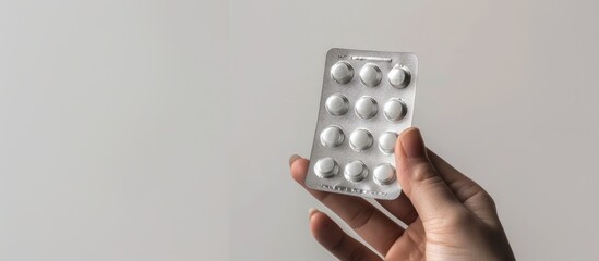 Sticker - White background with a hand holding silver blister packs of pills providing space for additional information with a copy space image