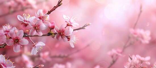 Wall Mural - Spring themed template featuring a twig of pink sakura flowers on a blurred pink backdrop with selective focus for a copy space image