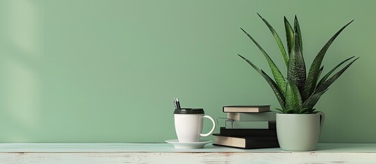 Poster - Workspace featuring black stationery books a green house plant a coffee cup and an aloe plant on a white wood desk against a soft light green wall designed for placement of a image. Creative banner