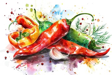 Poster - Spicy Pepper Garden Harvest. Watercolor Vegetable Ingredients for Fresh Homemade Cooking