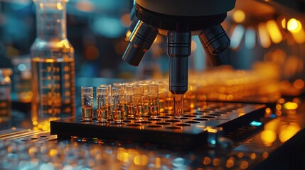Poster - a microscope is positioned above a grid of test tubes filled with a clear liquid, suggesting a scien
