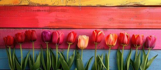 Aufkleber - Tulips arranged attractively on a colorful wooden backdrop with copy space image