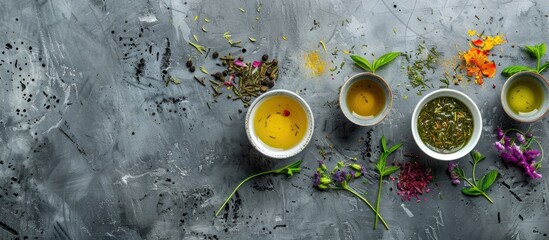 Aufkleber - Top view of Green Sencha tea infused with floral and fruity notes set against a grey concrete backdrop providing ample copy space image