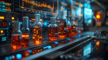 Poster - a zoom shot of glass flasks filled with orange liquid, resting on a metallic conveyor belt in a mode