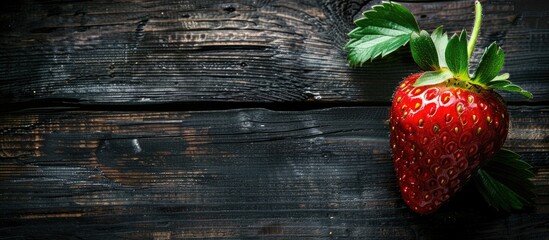 Aufkleber - Top view of a ripe strawberry with leaves on a dark wooden surface ideal for a copy space image
