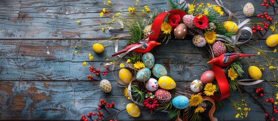 Aufkleber - Creating an Easter wreath with colorful eggs red birds yellow flowers ribbons and a bow on a wooden backdrop showcasing a copy space image