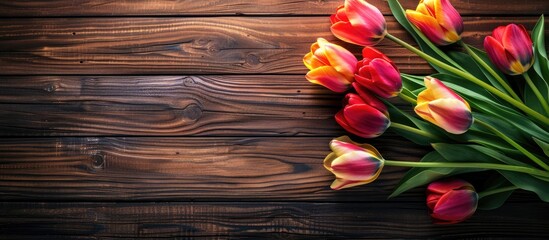 Poster - Vibrant tulip bouquet displayed on dark wooden boards with copy space image