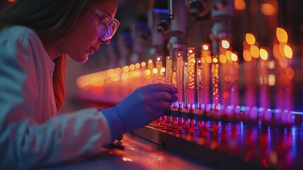 Poster - A scientist wearing safety glasses and gloves works with test tubes in a modern laboratory, examining the liquid samples illuminated by colorful light.
