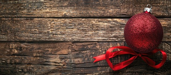 Fototapete - A festive red ornament with ribbons on a rustic wooden backdrop ideal for a New Year s card showcased beautifully from above with empty space for text or images in the picture. Creative banner