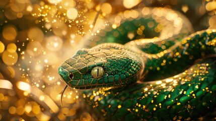 Poster - Green snake wrapped around a 2025 banner, against a backdrop of shimmering light and golden colors, celebrating the new year