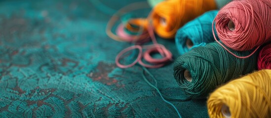Poster - Copy space image of knitting threads scattered on a table perfect for adding text Sewing materials present