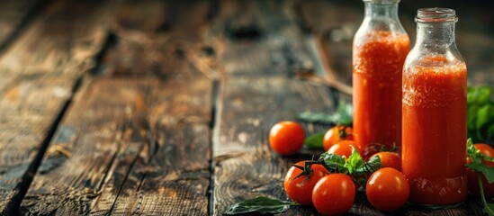 Poster - Tomato smoothie juice in metal container on wooden backdrop with copy space image