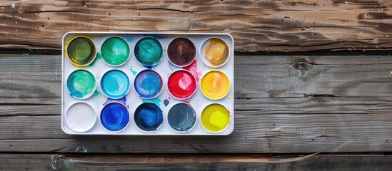 Aufkleber - Watercolor paint and brush are displayed neatly in a white plastic box on a vintage wooden surface seen from above with copy space image