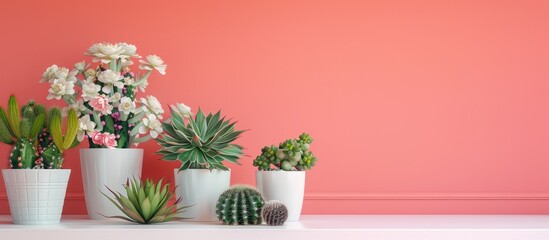 Sticker - An isolated image of a white office desk featuring succulent flowers in pots with cacti on the table set against a pink wall background for your promotional content. Creative banner. Copyspace image