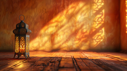 Aufkleber - Ornate lantern casting warm light on a wooden floor, with intricate shadows on the wall behind