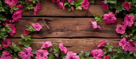 Aufkleber - Wooden background with a border of vibrant pink flowers creating a beautiful frame around a copy space image