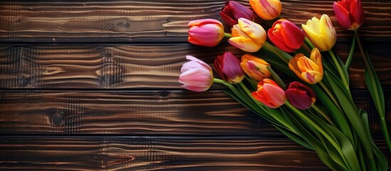 Poster - Vibrant tulip bouquet displayed on dark wooden boards with copy space image