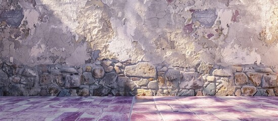Aufkleber - A stunning vintage stone wall with a polished texture alongside a beautiful terrazzo floor in purple or marbled tones perfect for a copy space image