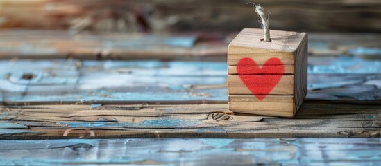 Sticker - Healthcare symbolized by a check mark on a wooden cube set against a heart background in a copy space image