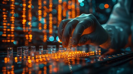 Poster - a gloved hand carefully places a glass vial on a laboratory surface, illuminated by bright, orange l