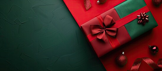 Poster - Festive red and green background with a gift box for your design ideal for a happy new year holiday concept featuring copy space image