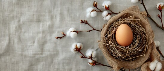Fototapete - Top view of Easter themed decoration featuring an egg nestled in a nest and cotton on a textured rustic linen canvas background Perfect for a spring greeting card with copy space image