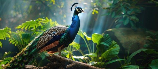 Poster - Peacock guarding greenery in its habitat with a copy space image