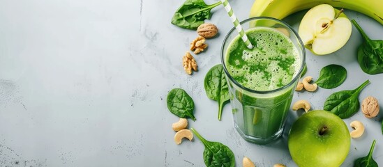 Poster - Nutritious green detox smoothie in a glass made with spinach apple banana and nuts with a healthy eating concept displayed against a plain background for copy space image