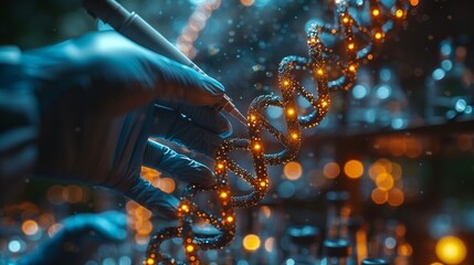 Poster - A gloved hand holds a pipette over a glowing DNA strand in a laboratory setting.