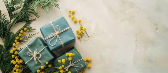 Copy space image of green and blue gift boxes in craft paper adorned with natural mimosa flowers on a beige table creating an aesthetically pleasing top view background for spring holiday presents