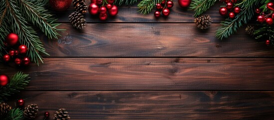 Poster - Wooden boards with fir branches red Christmas decor and space for text in a top view copy space image