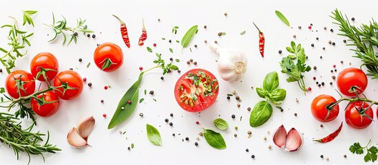 Poster - Healthy eating concept depicted with a selection of fresh vegetables and herbs on a white backdrop Ideal for copy space image