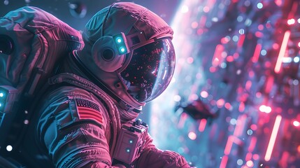 Poster - Futuristic Space Station with Neon Lights and Advanced Spacecraft Concept