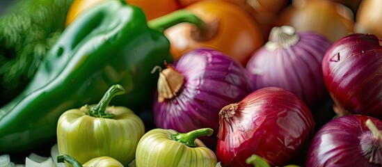 Poster - Selective focus on a textured mix of green pepper and onions with a red onion creating a visually appealing copy space image