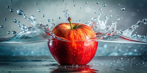 Close-up of a vibrant red apple splashing into clear water, apple, fruit, splash, water, healthy, freshness