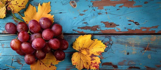 Poster - Red grapes with yellow leaves on a vintage blue wooden table with copy space image