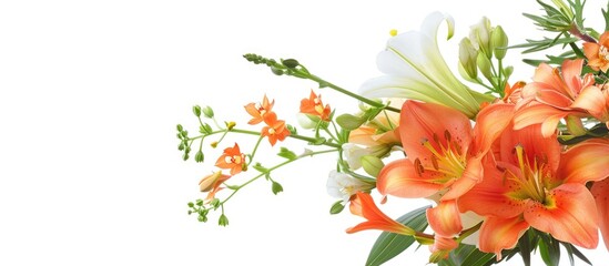 Sticker - A floral arrangement featuring lilies freesias arums with a blank space for adding text or other images known as a copy space image