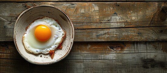 Poster - Top view of an egg in a dish on a rustic wooden table with an old background featuring copy space image