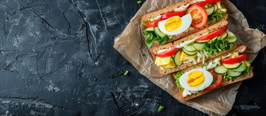 Poster - Fresh toast sandwiches with vegetables boiled eggs cheese and avocado arranged on top of a piece of rice paper on a black surface background with copy space image
