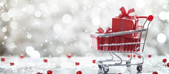 Aufkleber - White Christmas background with a shopping cart filled with gifts suitable for copy space image
