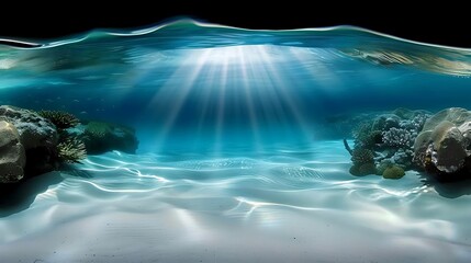 Wall Mural - underwater scene with crystal clear water, abundant marine life, and sunbeams piercing through