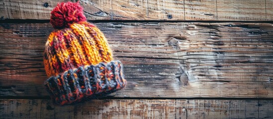 Fototapete - Knitted wool hat displayed on a wooden surface with copy space image