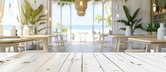 Poster - White wooden table providing an empty table mockup with a blurred background suitable for a panoramic banner and as a versatile copy space image