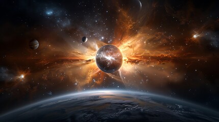 Wall Mural - cosmic landscape with nebulae, stars, and planets, rendered in hyperrealistic detail