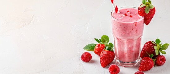 Poster - A summer beverage with strawberry milkshake or smoothie in a glass alongside fresh berries on a white background ideal for a healthy diet with copy space image